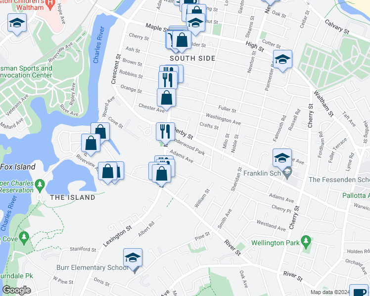 map of restaurants, bars, coffee shops, grocery stores, and more near 37 Underwood Avenue in Newton