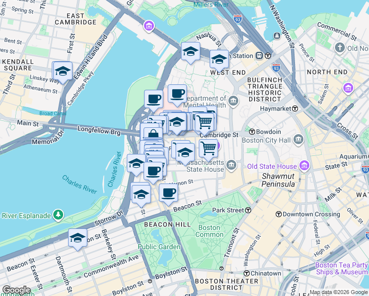 map of restaurants, bars, coffee shops, grocery stores, and more near in Boston