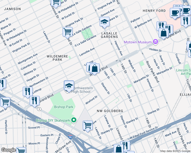 map of restaurants, bars, coffee shops, grocery stores, and more near 6537 Stanton Street in Detroit