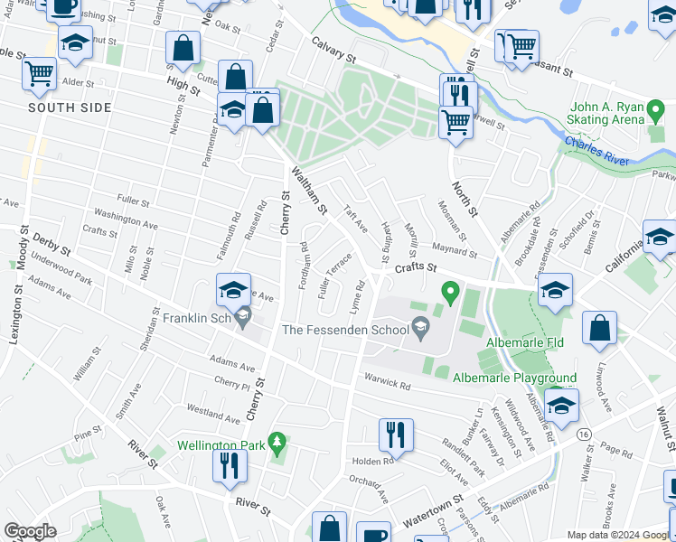 map of restaurants, bars, coffee shops, grocery stores, and more near 30 Fuller Terrace in Newton