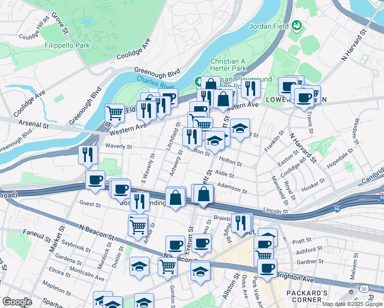 map of restaurants, bars, coffee shops, grocery stores, and more near 108 Holton Street in Boston