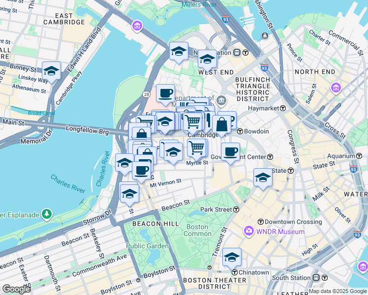 map of restaurants, bars, coffee shops, grocery stores, and more near Phillips St & Garden St in Boston