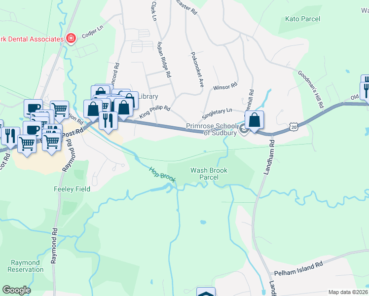 map of restaurants, bars, coffee shops, grocery stores, and more near 275-307 Boston Post Road in Sudbury