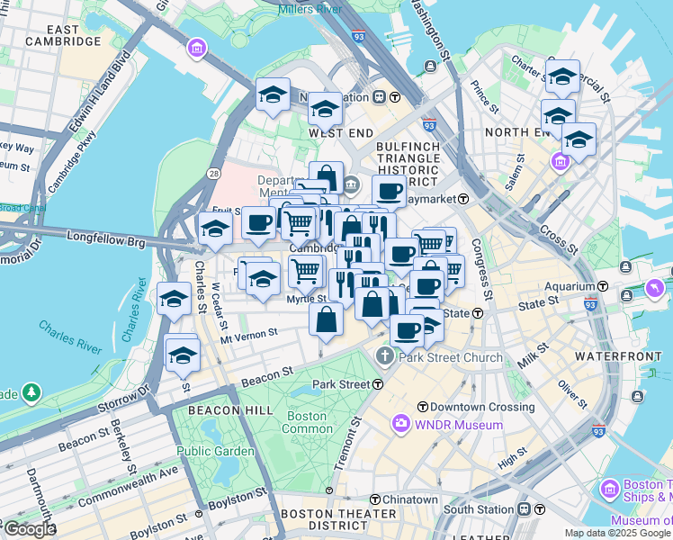 map of restaurants, bars, coffee shops, grocery stores, and more near 22 Hancock Street in Boston