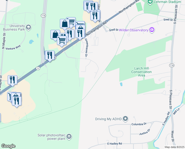 map of restaurants, bars, coffee shops, grocery stores, and more near 26 Greenleaves Drive in Amherst