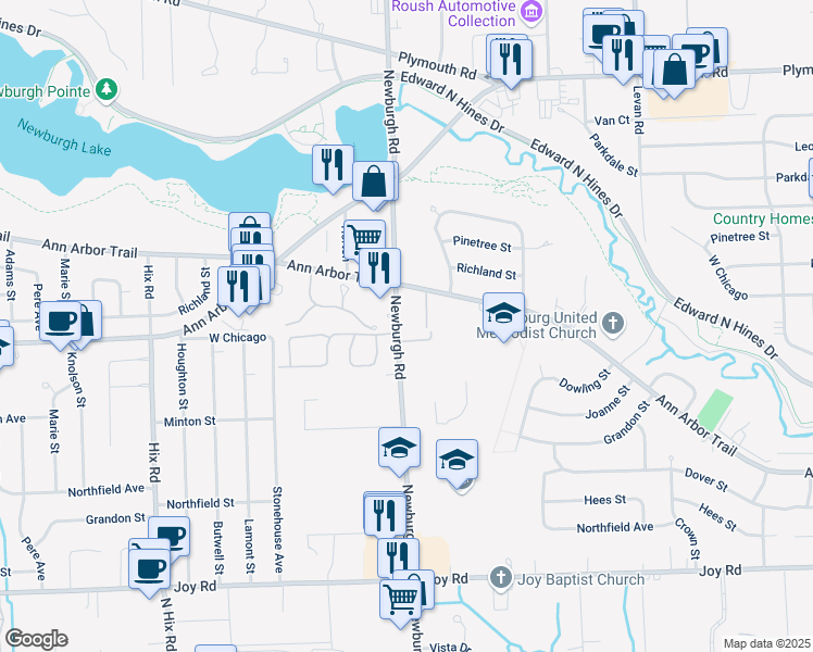 map of restaurants, bars, coffee shops, grocery stores, and more near 37363 Blake Drive in Livonia