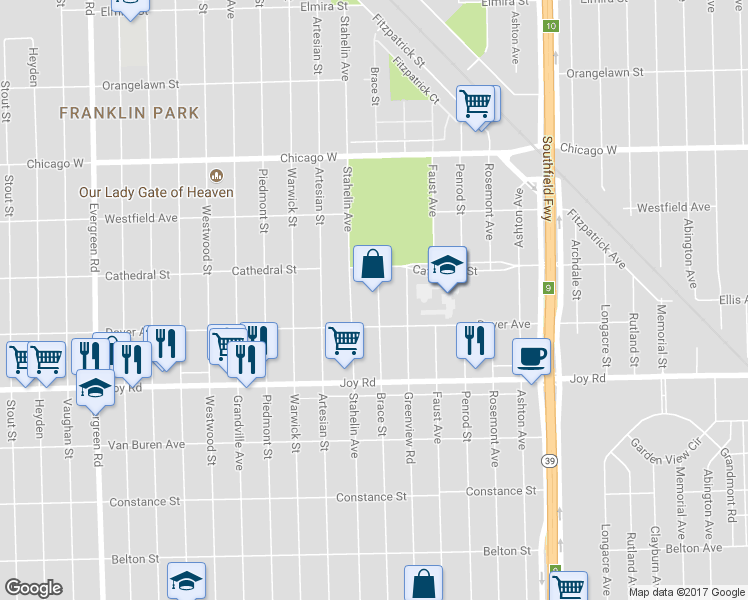 map of restaurants, bars, coffee shops, grocery stores, and more near 9057 Brace Street in Detroit
