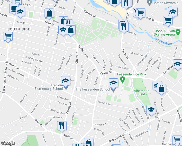 map of restaurants, bars, coffee shops, grocery stores, and more near 32 Fuller Terrace in Newton