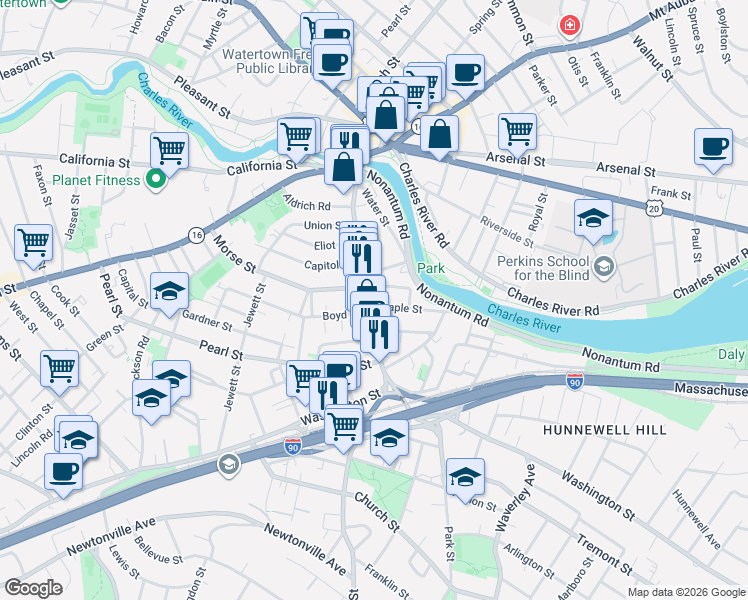 map of restaurants, bars, coffee shops, grocery stores, and more near 142 Galen Street in Watertown