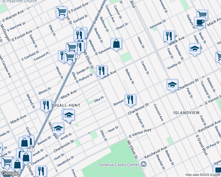 map of restaurants, bars, coffee shops, grocery stores, and more near 3460 Mount Elliott Street in Detroit