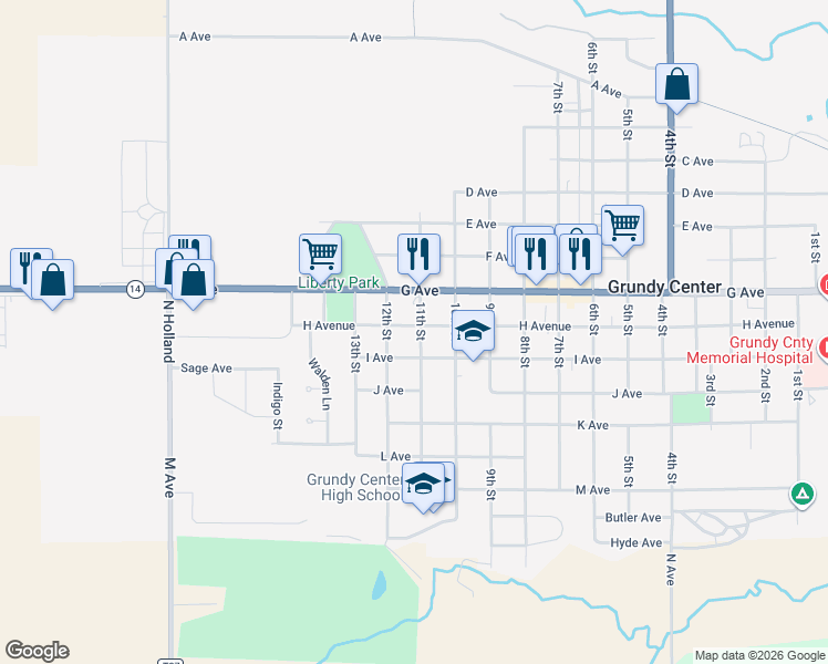 map of restaurants, bars, coffee shops, grocery stores, and more near 801 11th Street in Grundy Center