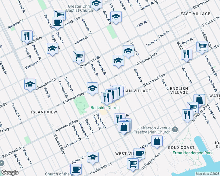 map of restaurants, bars, coffee shops, grocery stores, and more near 2226 Parker Street in Detroit