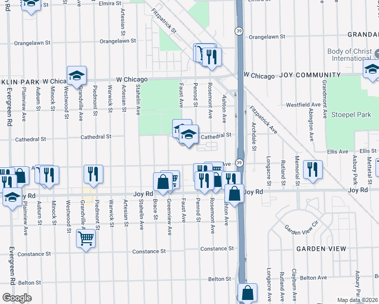 map of restaurants, bars, coffee shops, grocery stores, and more near 18445 Cathedral Street in Detroit