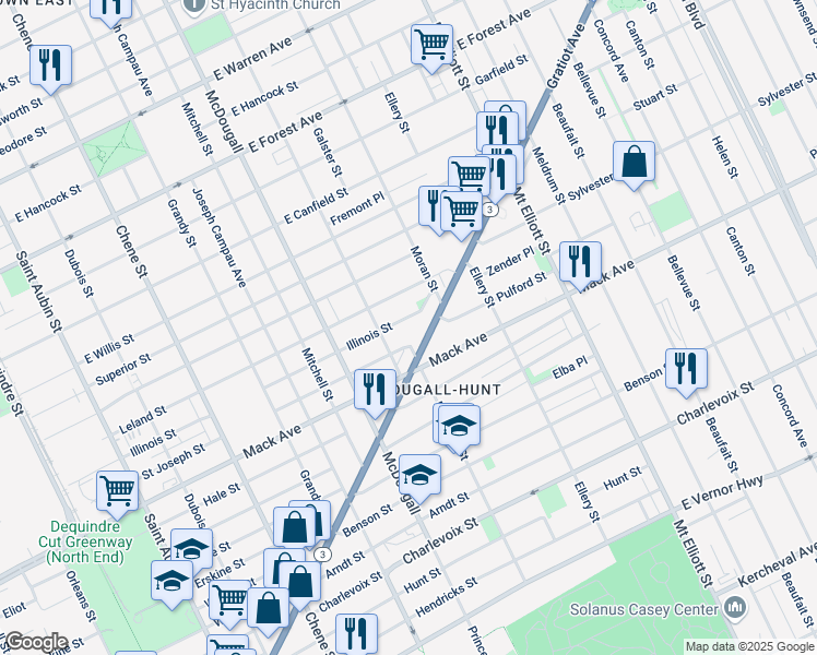 map of restaurants, bars, coffee shops, grocery stores, and more near 3329 Saint Joseph Street in Detroit