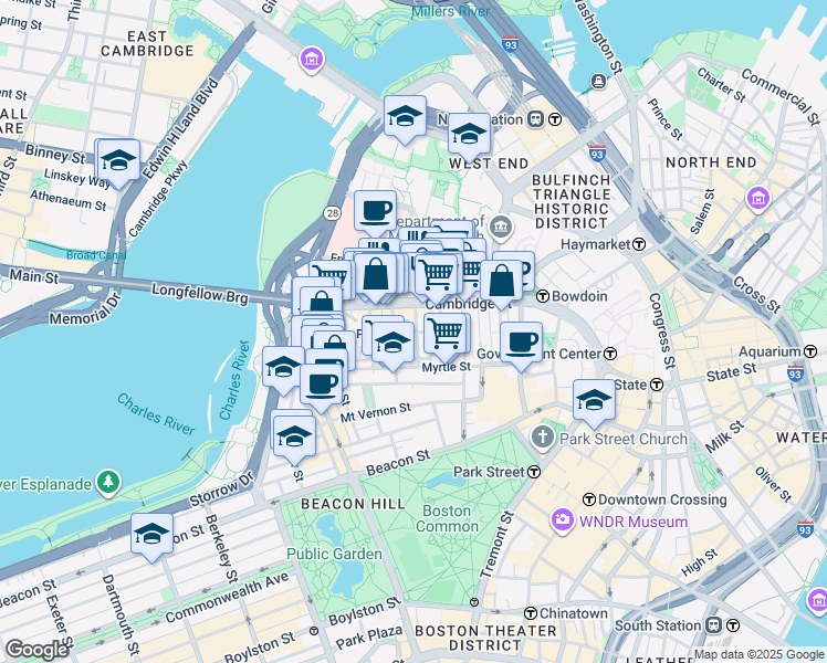 map of restaurants, bars, coffee shops, grocery stores, and more near 45 1/2 Garden Street in Boston