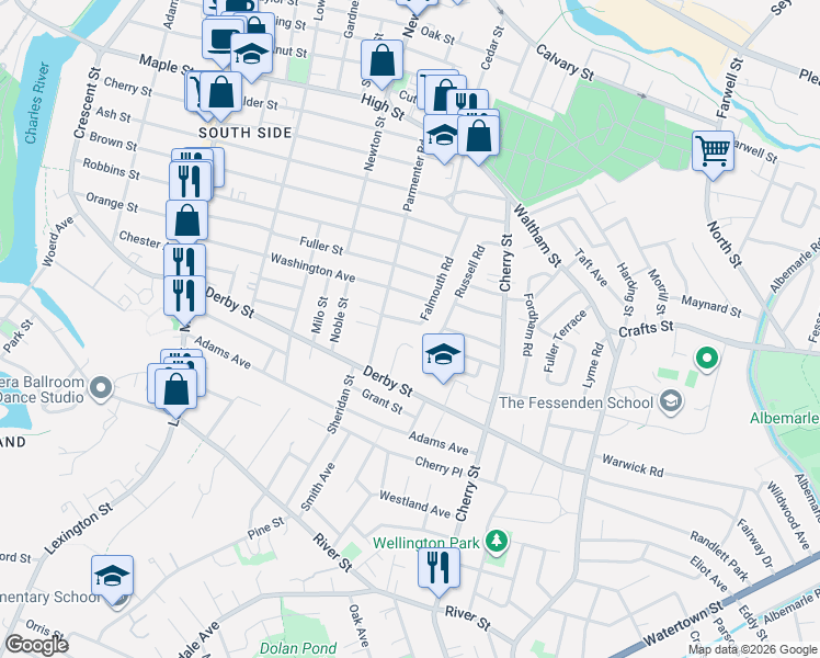 map of restaurants, bars, coffee shops, grocery stores, and more near 42 Edward Road in Newton