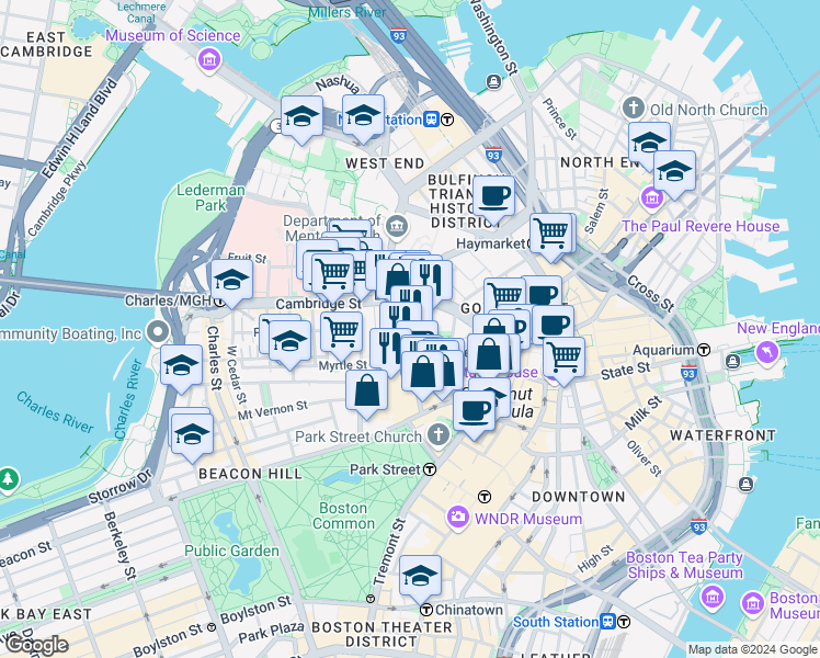 map of restaurants, bars, coffee shops, grocery stores, and more near 29 Bowdoin Street in Boston