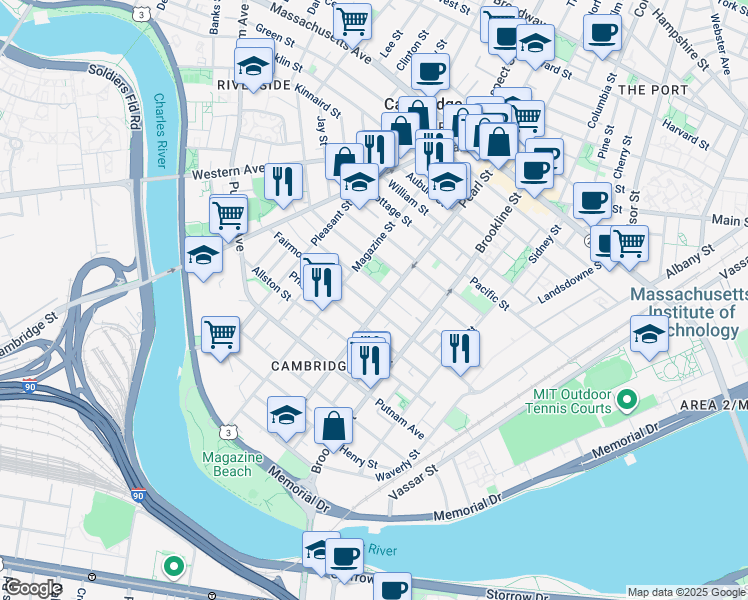 map of restaurants, bars, coffee shops, grocery stores, and more near 195 Erie Street in Cambridge
