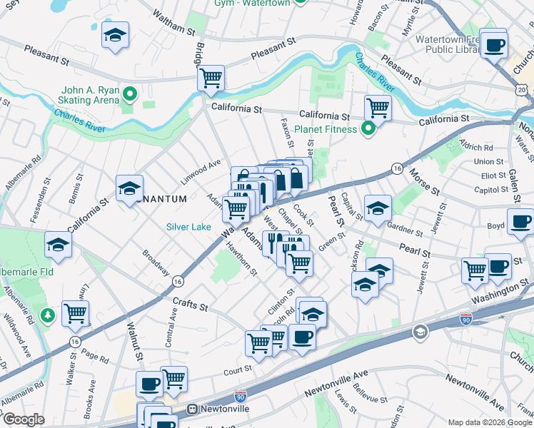 map of restaurants, bars, coffee shops, grocery stores, and more near 20 West Street in Newton