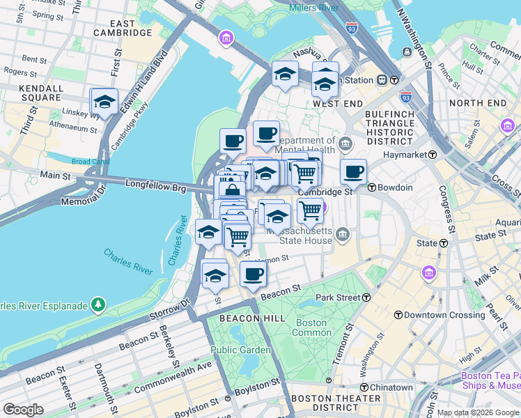 map of restaurants, bars, coffee shops, grocery stores, and more near 61 Phillips Street in Boston