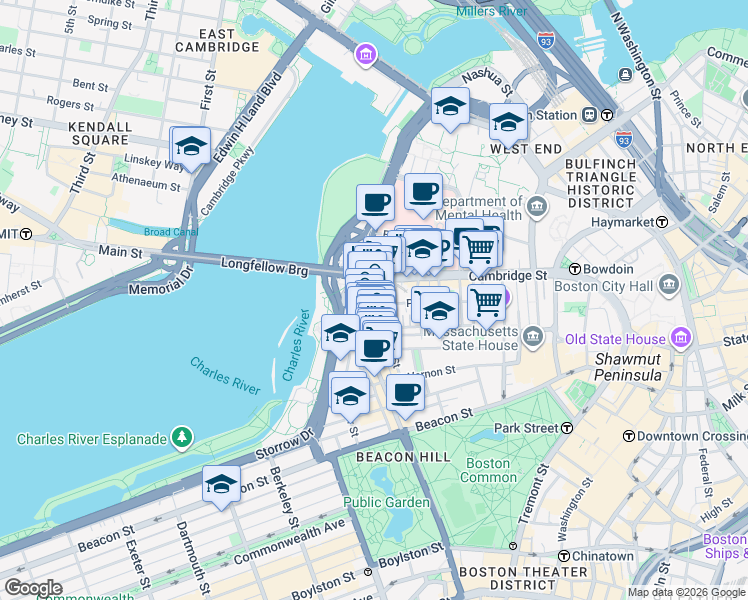 map of restaurants, bars, coffee shops, grocery stores, and more near 145 Charles Street in Boston