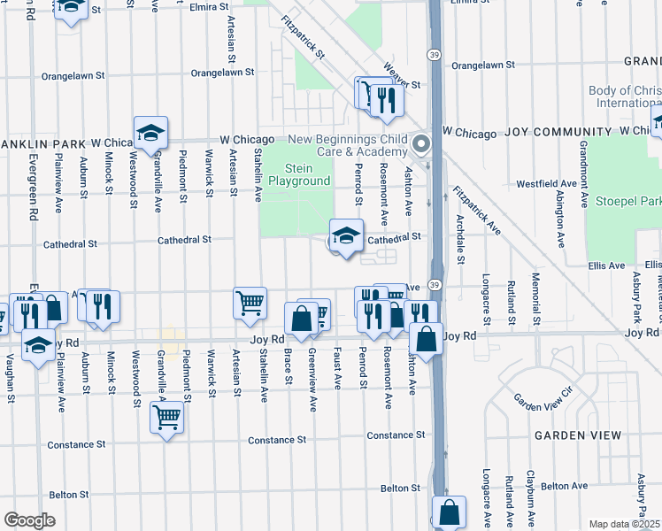 map of restaurants, bars, coffee shops, grocery stores, and more near 18445 Cathedral Street in Detroit