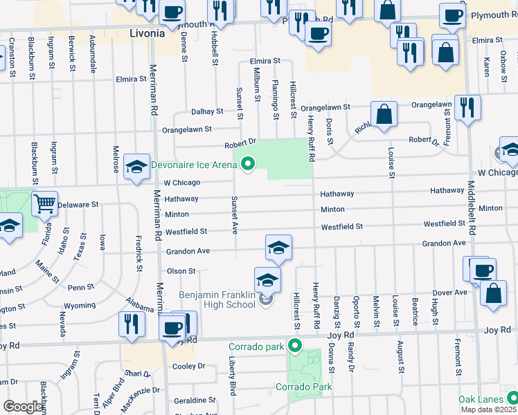 map of restaurants, bars, coffee shops, grocery stores, and more near 30691 Minton in Livonia
