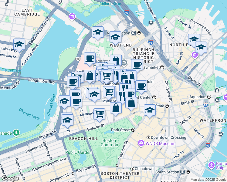 map of restaurants, bars, coffee shops, grocery stores, and more near 60 Joy Street in Boston