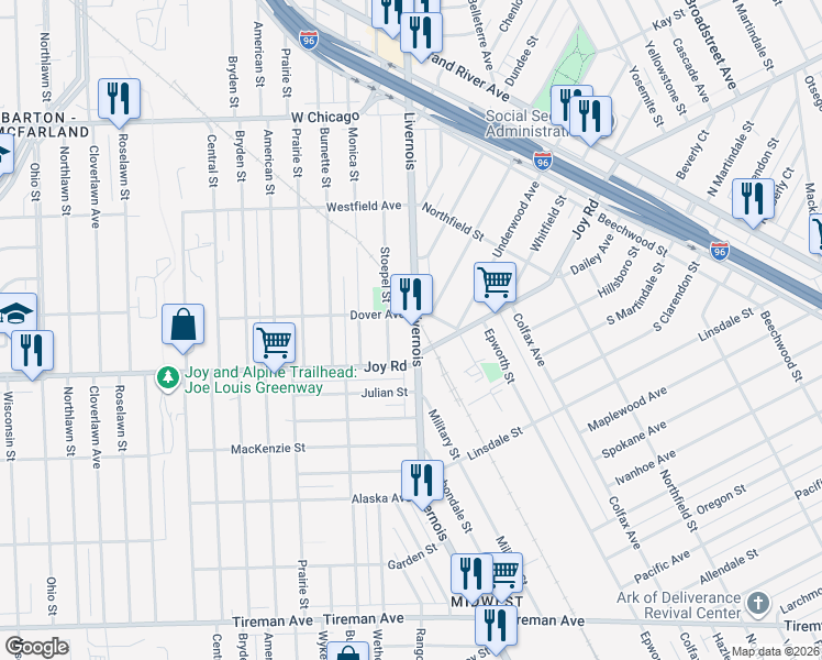 map of restaurants, bars, coffee shops, grocery stores, and more near 8867 Livernois Ave in Detroit
