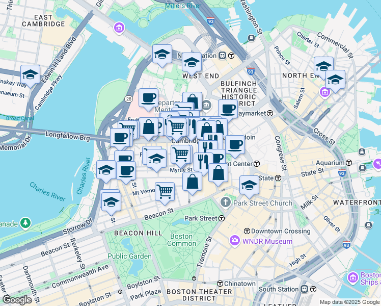 map of restaurants, bars, coffee shops, grocery stores, and more near 72 Joy Street in Boston