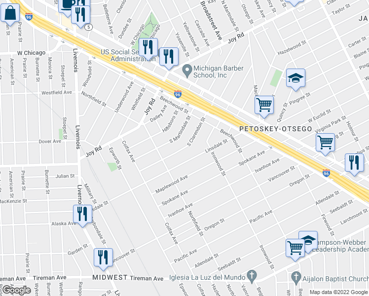 map of restaurants, bars, coffee shops, grocery stores, and more near South Clarendon Street in Detroit
