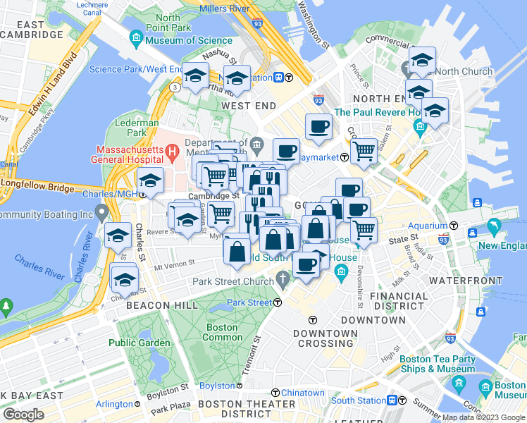 map of restaurants, bars, coffee shops, grocery stores, and more near 12 Bowdoin Street in Boston