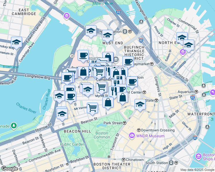 map of restaurants, bars, coffee shops, grocery stores, and more near 72 Joy Street in Boston