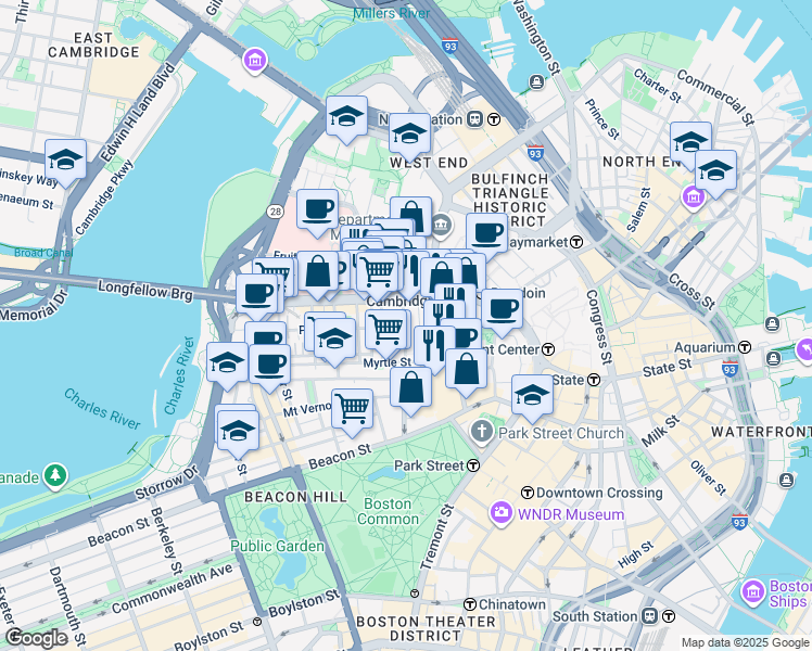 map of restaurants, bars, coffee shops, grocery stores, and more near 72 Joy Street in Boston