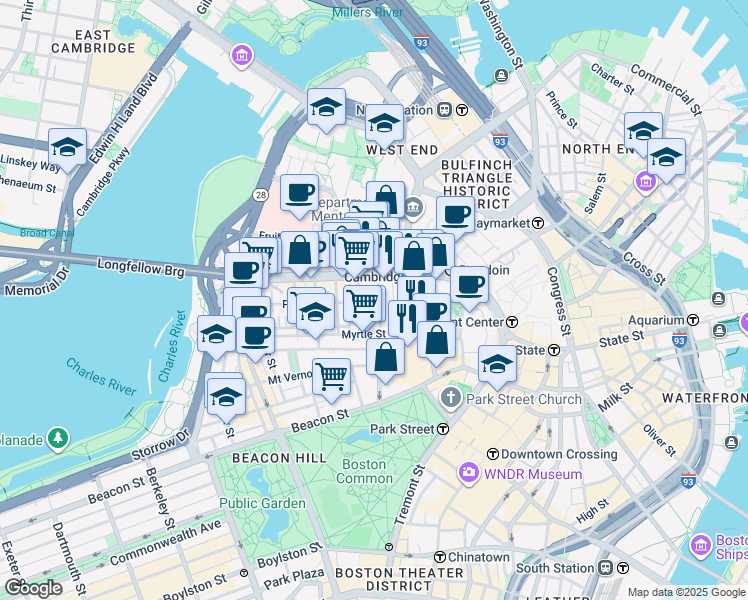 map of restaurants, bars, coffee shops, grocery stores, and more near 72 Joy Street in Boston
