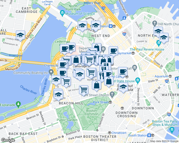 map of restaurants, bars, coffee shops, grocery stores, and more near 72 Joy Street in Boston