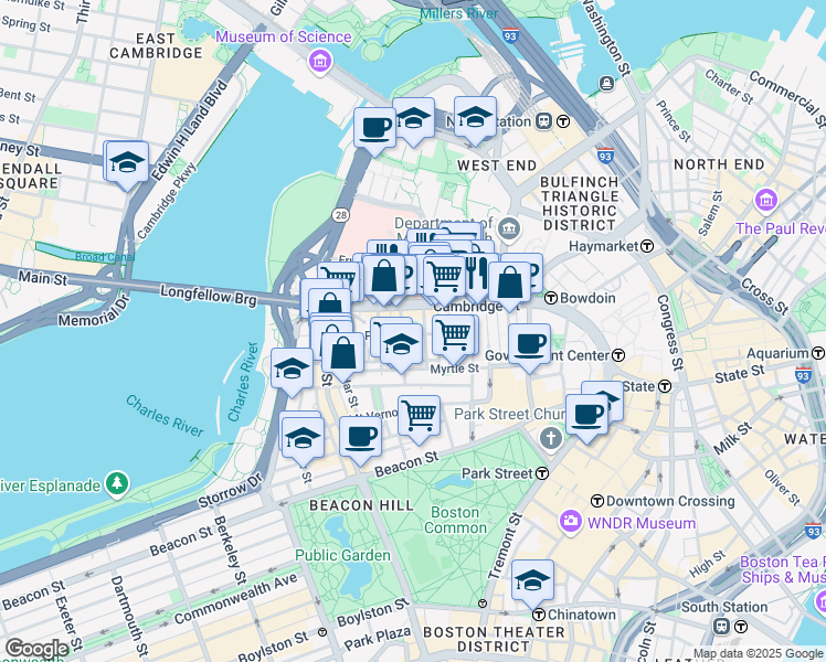 map of restaurants, bars, coffee shops, grocery stores, and more near 45 1/2 Garden Street in Boston