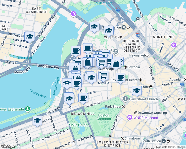 map of restaurants, bars, coffee shops, grocery stores, and more near 45 1/2 Garden Street in Boston
