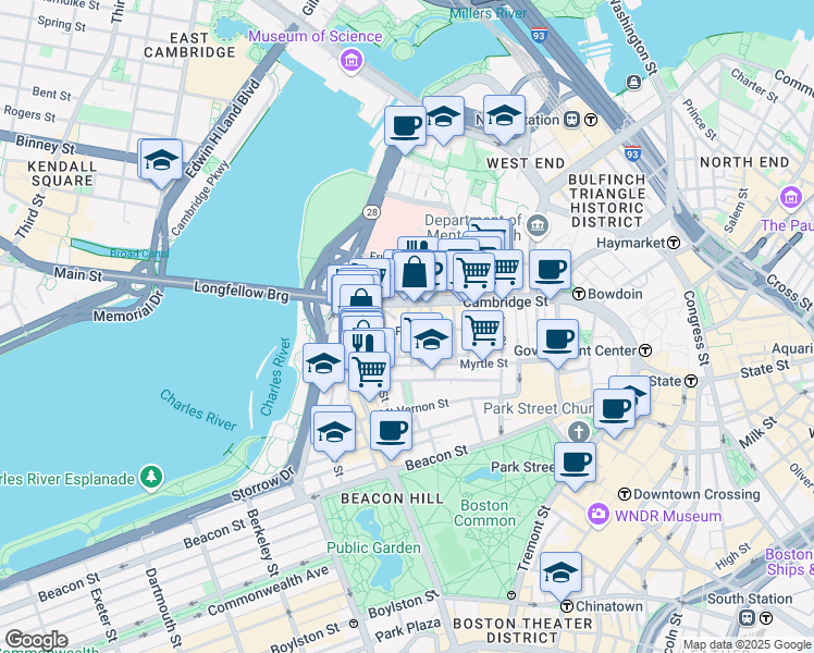 map of restaurants, bars, coffee shops, grocery stores, and more near in Boston