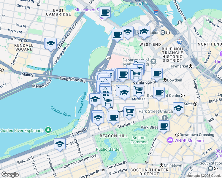 map of restaurants, bars, coffee shops, grocery stores, and more near 67 West Cedar Street in Boston