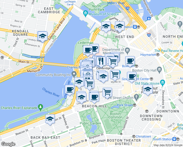 map of restaurants, bars, coffee shops, grocery stores, and more near 67 West Cedar Street in Boston