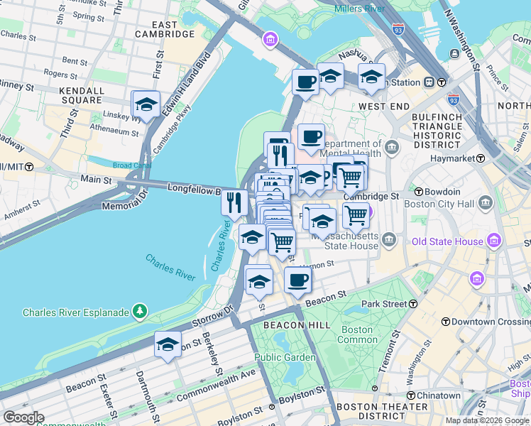 map of restaurants, bars, coffee shops, grocery stores, and more near 6 Charles River Square in Boston