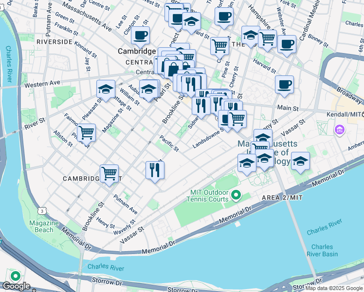 map of restaurants, bars, coffee shops, grocery stores, and more near 88 Sidney Street in Cambridge