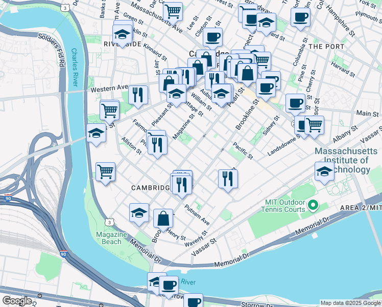 map of restaurants, bars, coffee shops, grocery stores, and more near 181 Erie Street in Cambridge