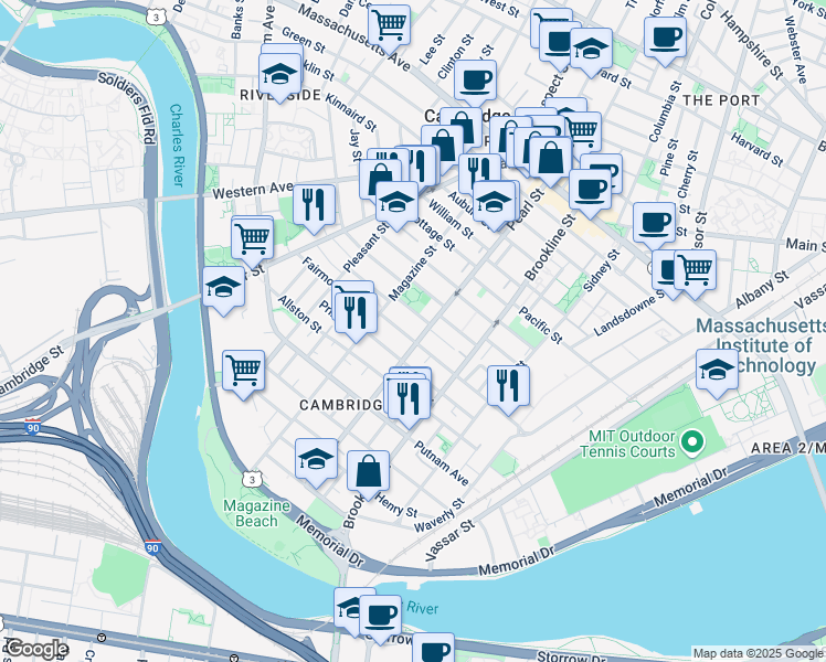 map of restaurants, bars, coffee shops, grocery stores, and more near 181 Erie Street in Cambridge