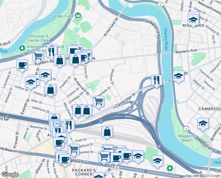 map of restaurants, bars, coffee shops, grocery stores, and more near 40 Seattle Street in Boston
