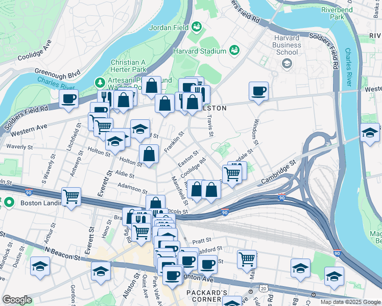 map of restaurants, bars, coffee shops, grocery stores, and more near 24 Easton Street in Brookline