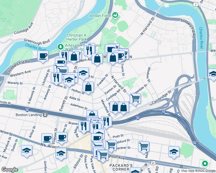 map of restaurants, bars, coffee shops, grocery stores, and more near 21 Myrick Street in Boston