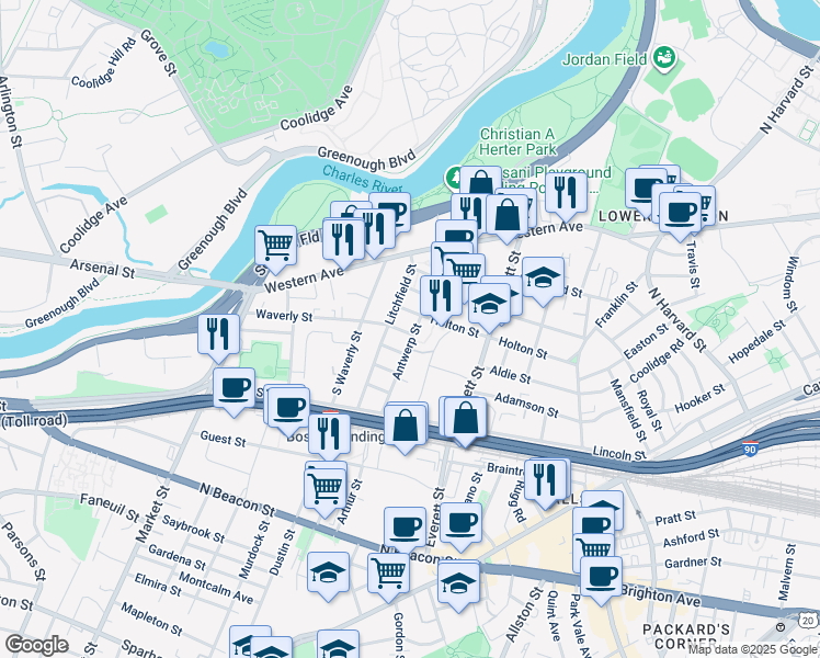 map of restaurants, bars, coffee shops, grocery stores, and more near 108 Holton Street in Boston