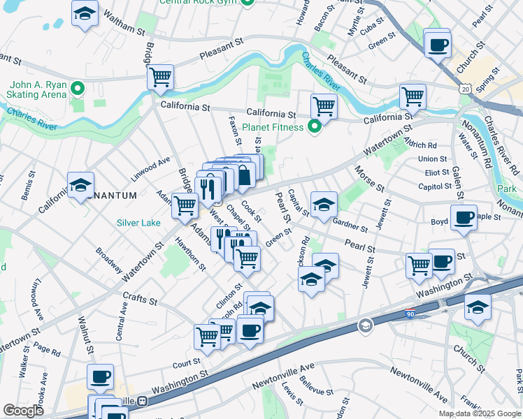 map of restaurants, bars, coffee shops, grocery stores, and more near 50 Cook Street in Newton